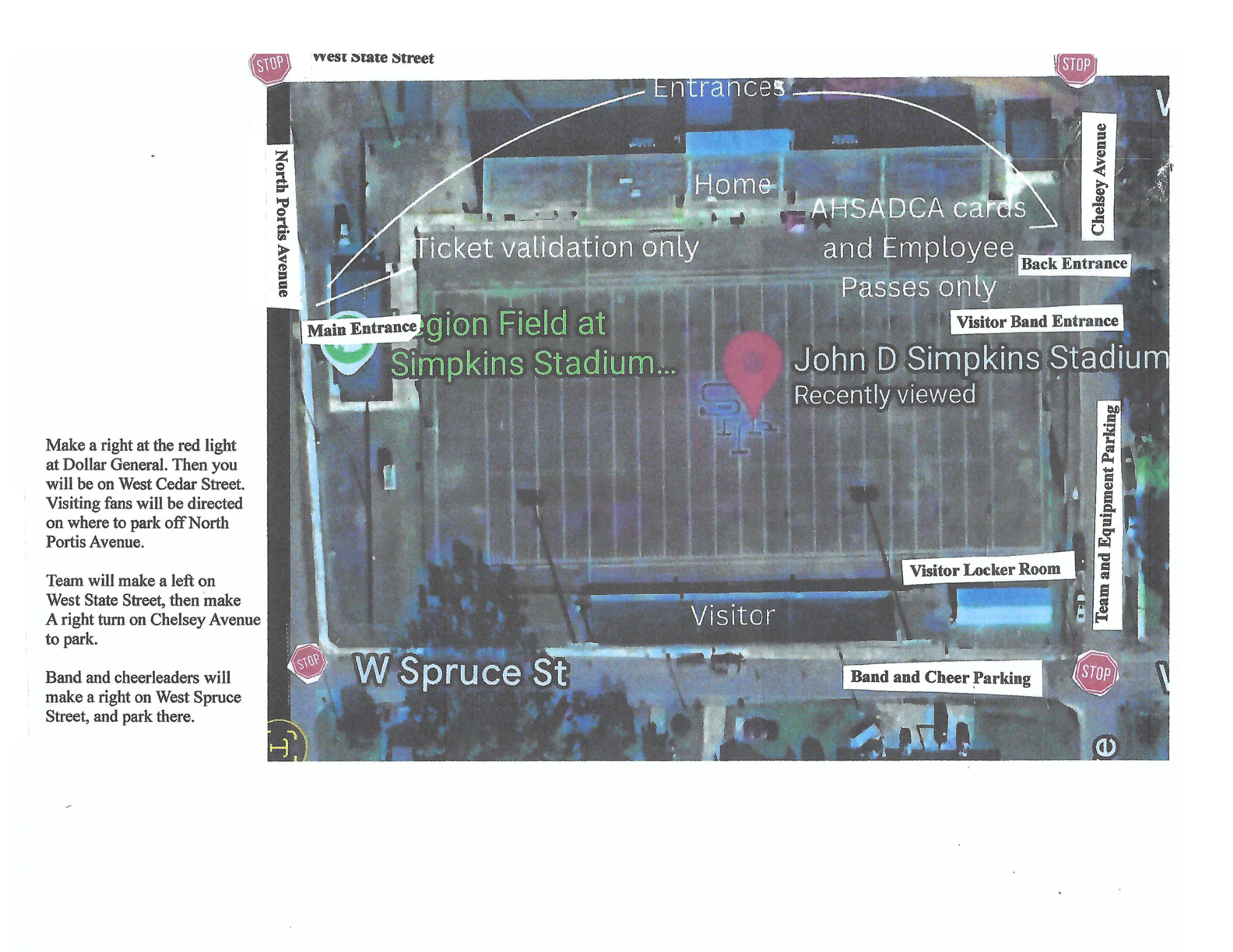 An aerial view map of John D Simpkins Stadium, showing entrances and parking areas.