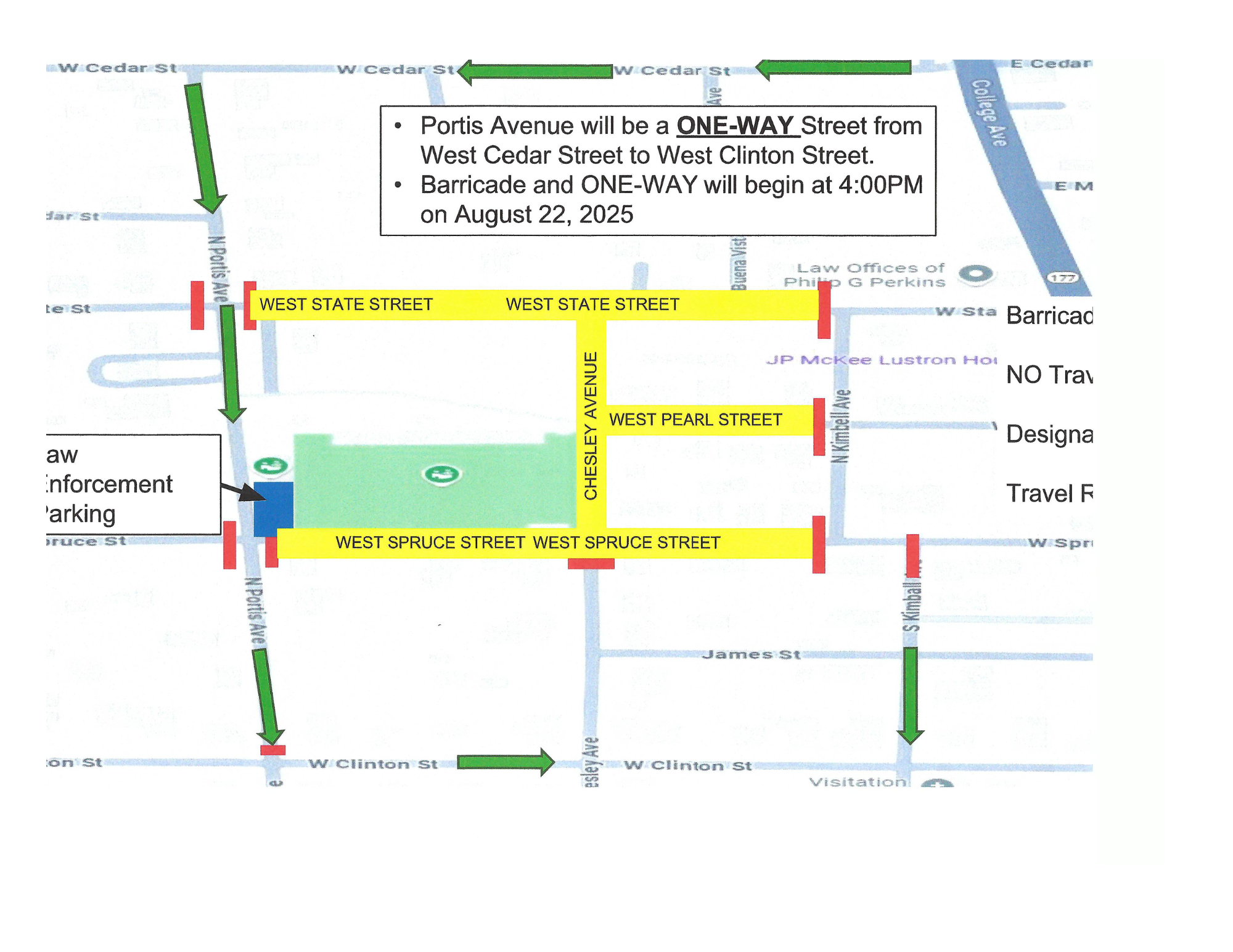 A map shows a one-way street on Portis Avenue, with barricades and directional arrows.