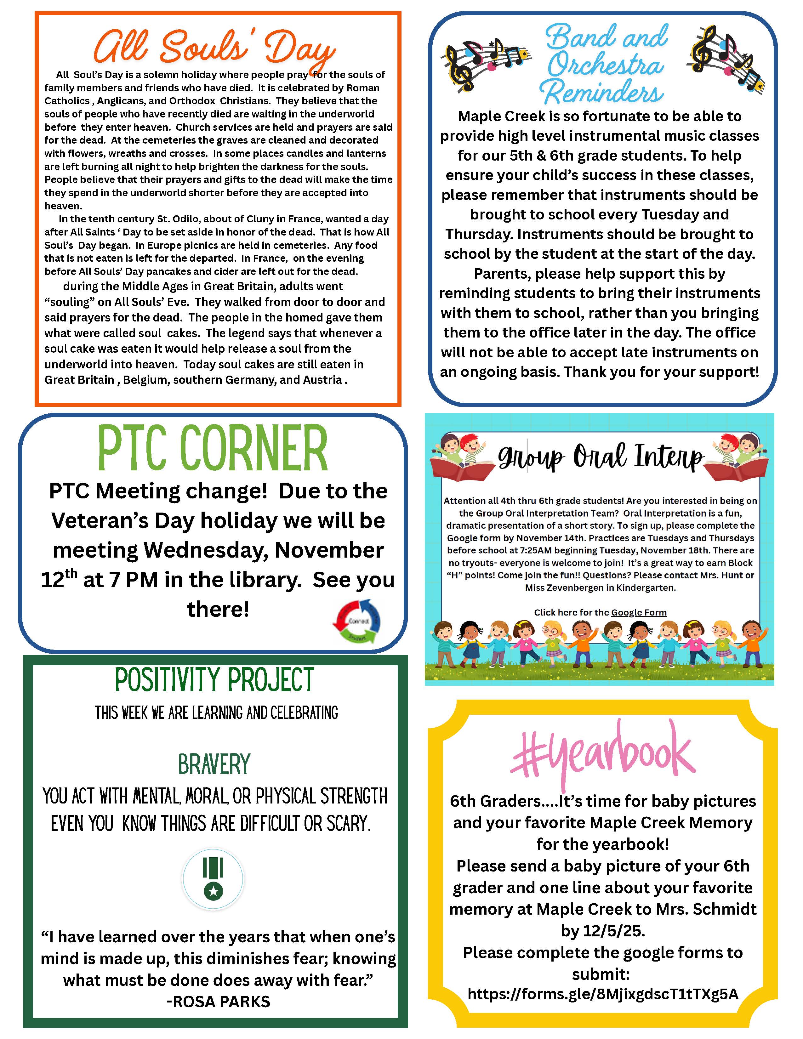 A flyer with announcements about school events, including band, PTC, and yearbook.