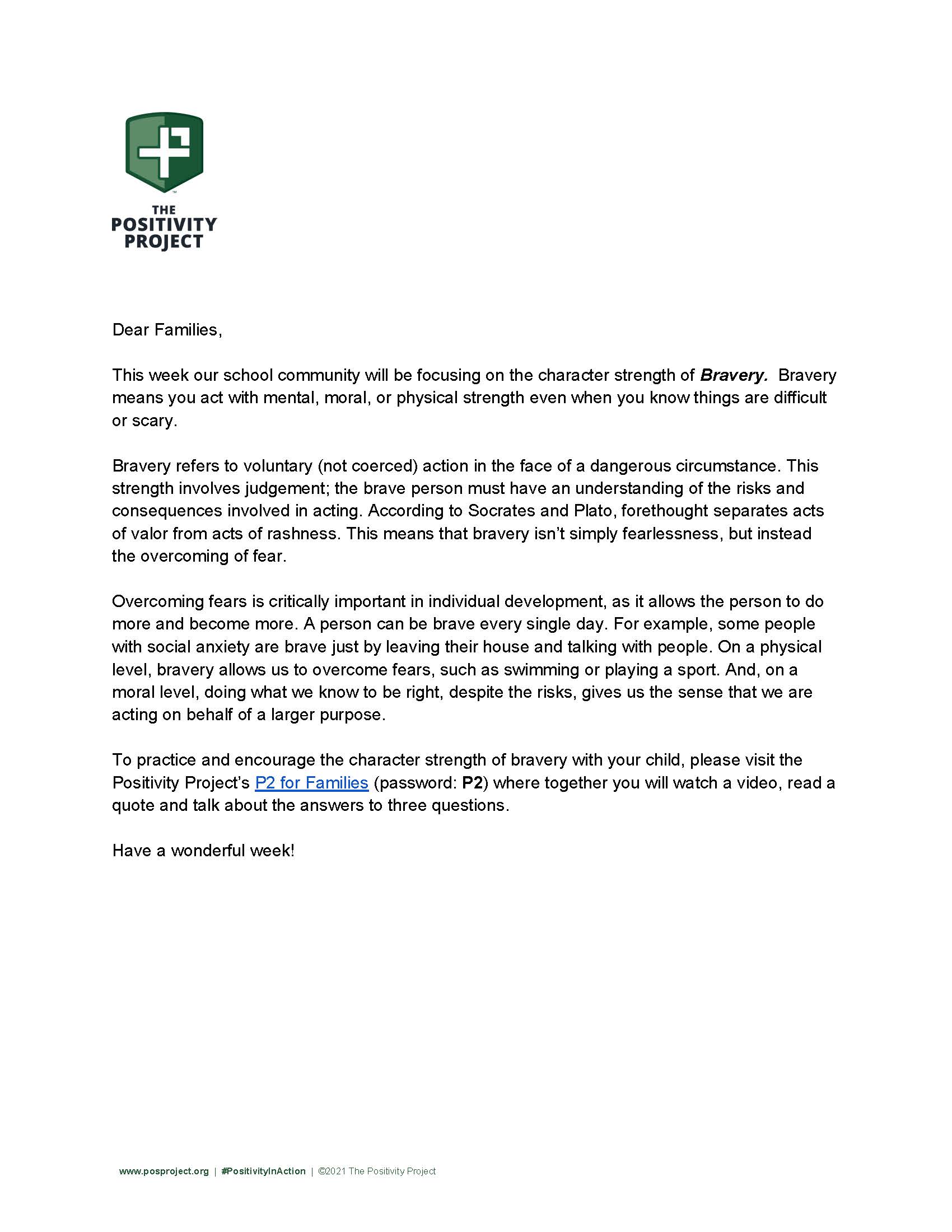 A letter from The Positivity Project discusses the character strength of bravery.