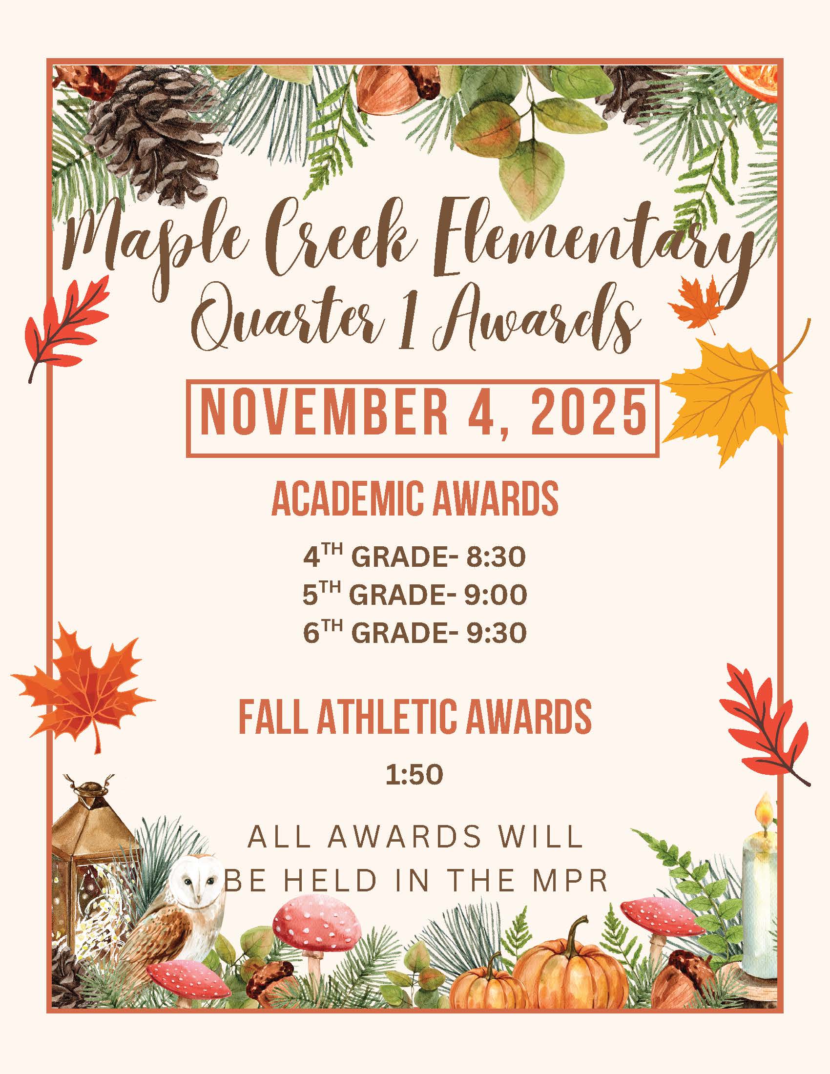 An announcement for Maple Creek Elementary Quarter 1 Awards, decorated with fall foliage.