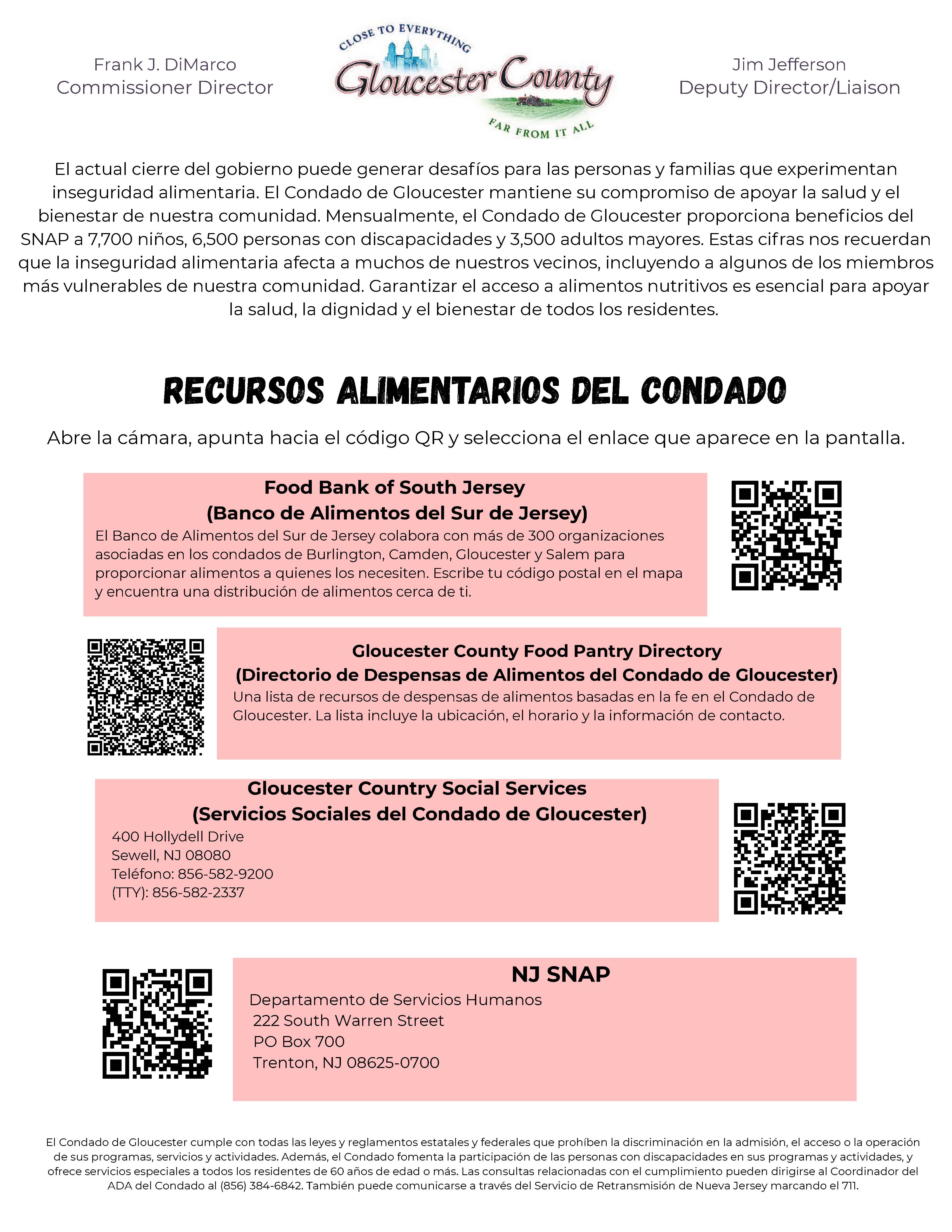 Informational flyer from Gloucester County about food resources and social services.