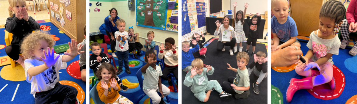 Children and a teacher participate in a hand hygiene activity in a classroom.