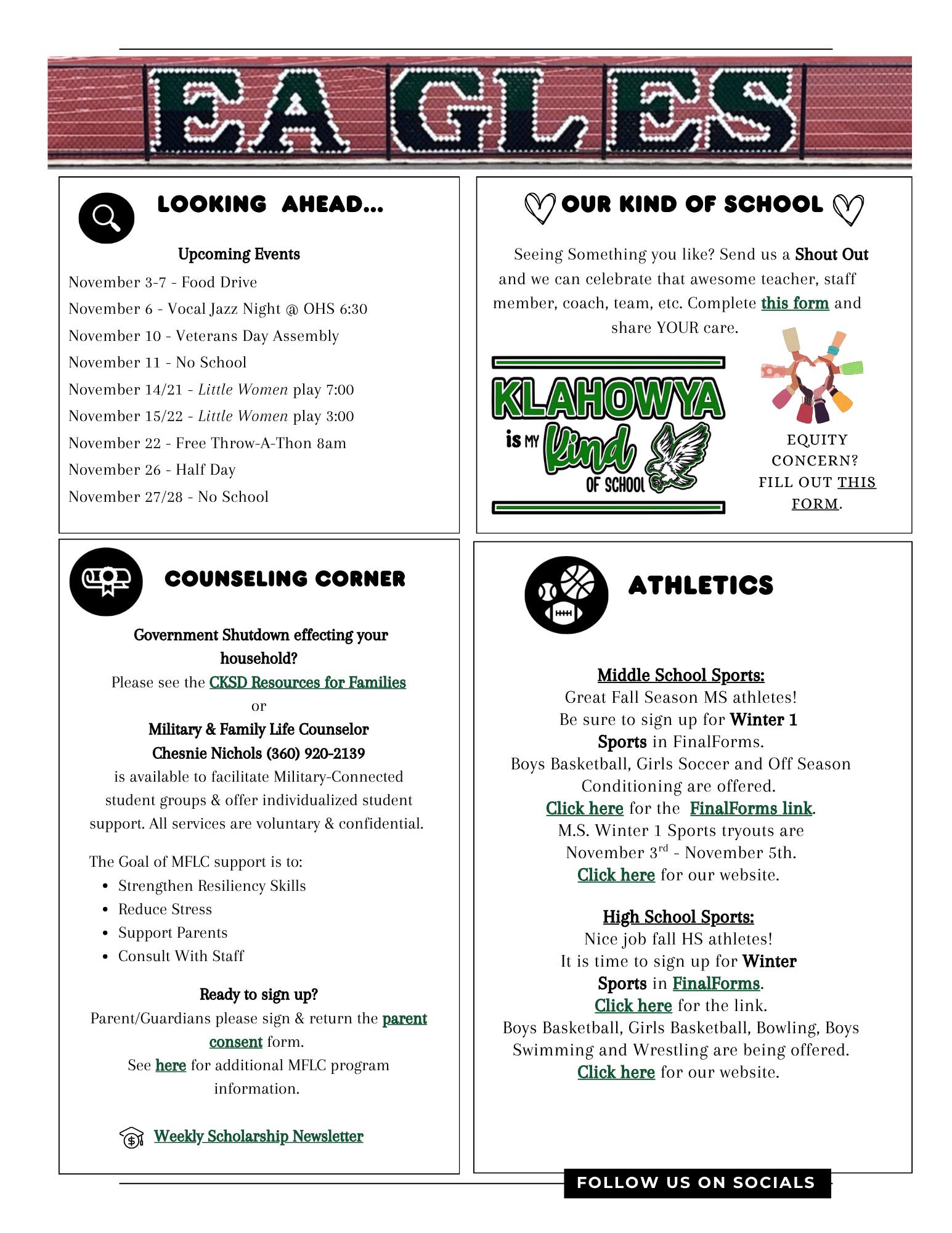 A school newsletter with upcoming events, counseling information, and athletics details.