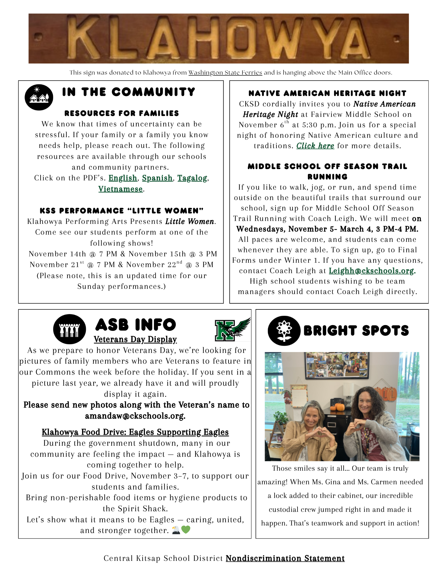 A school announcement board with community information and event details.