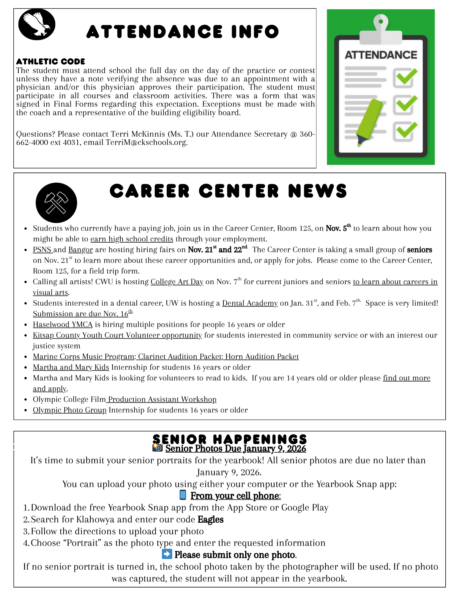 A school bulletin board displays information about attendance, career opportunities, and senior photos.