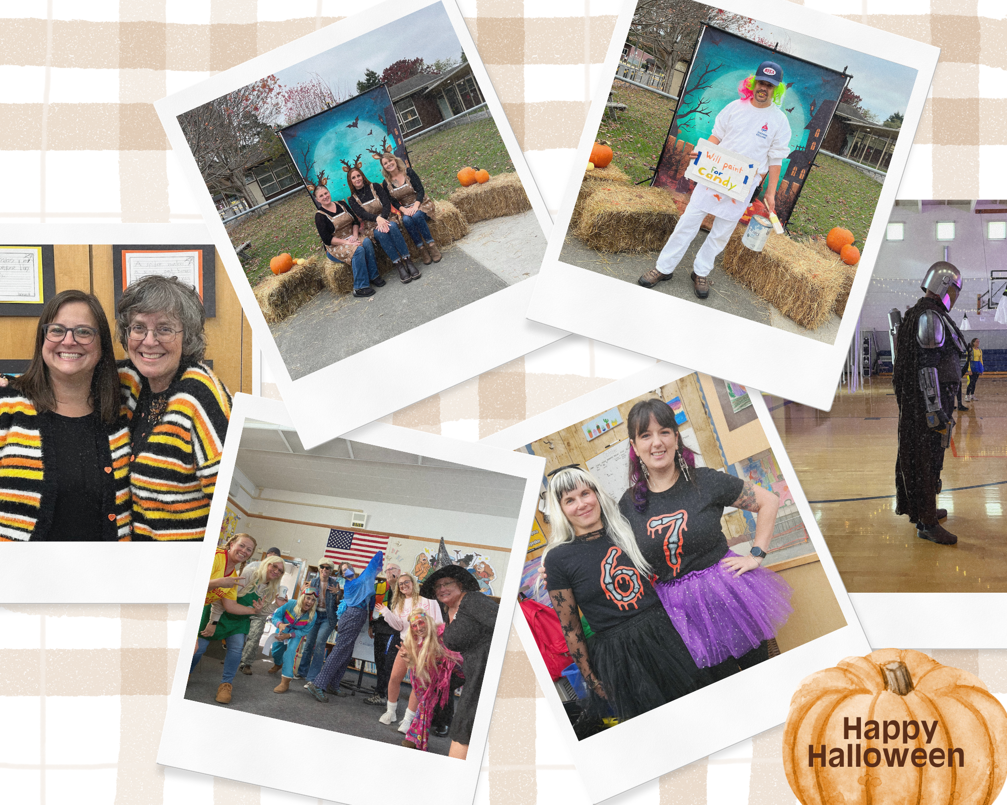 A collage of photos featuring people in Halloween costumes and festive decorations.