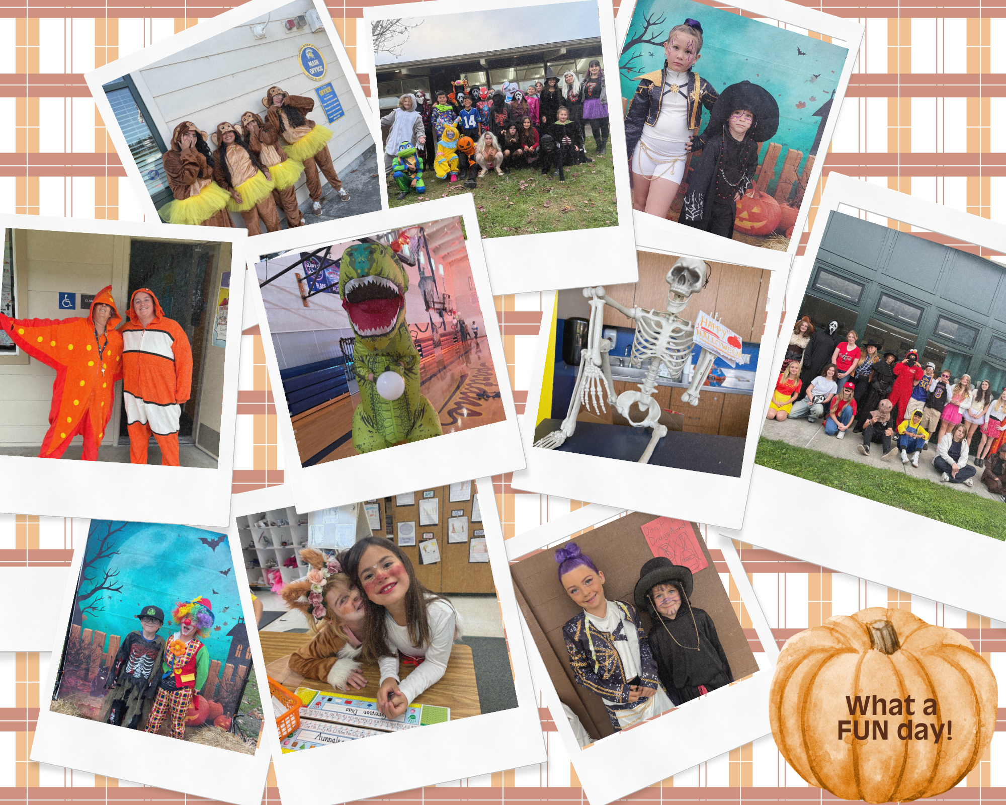 A collage of photos shows people in various costumes, celebrating a fun day.