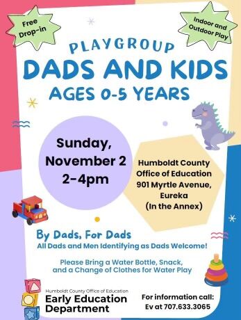 Flyer for a playgroup called 'Dads and Kids' for ages 0-5, with details about the event.