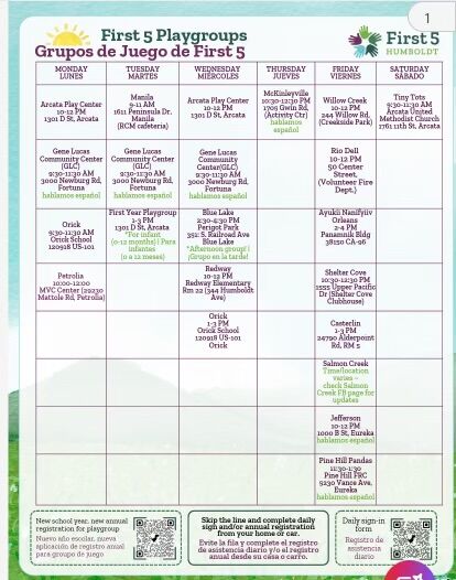 A schedule for First 5 Playgroups in Humboldt County, with times and locations listed.