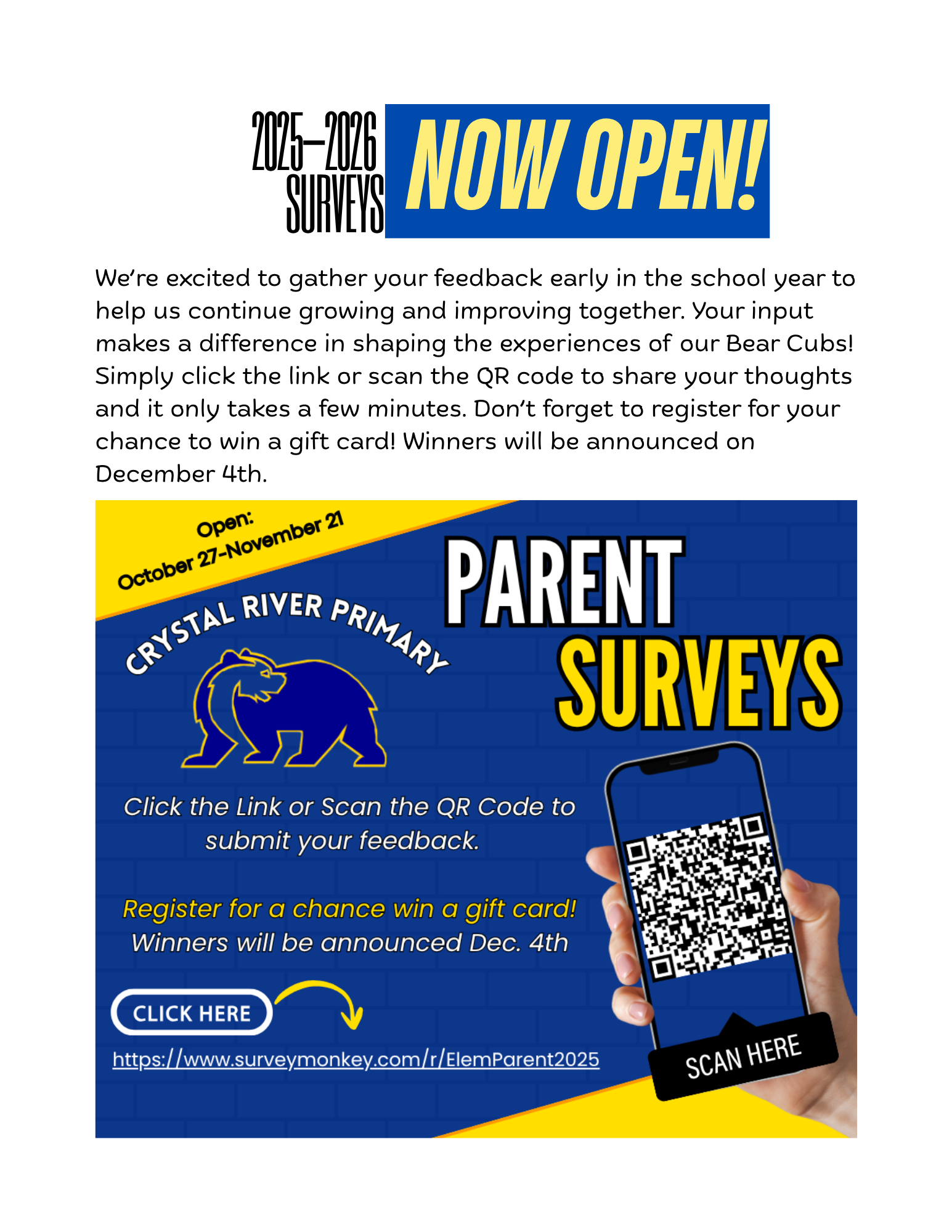 An announcement for parent surveys at Crystal River Primary, with a QR code to scan.