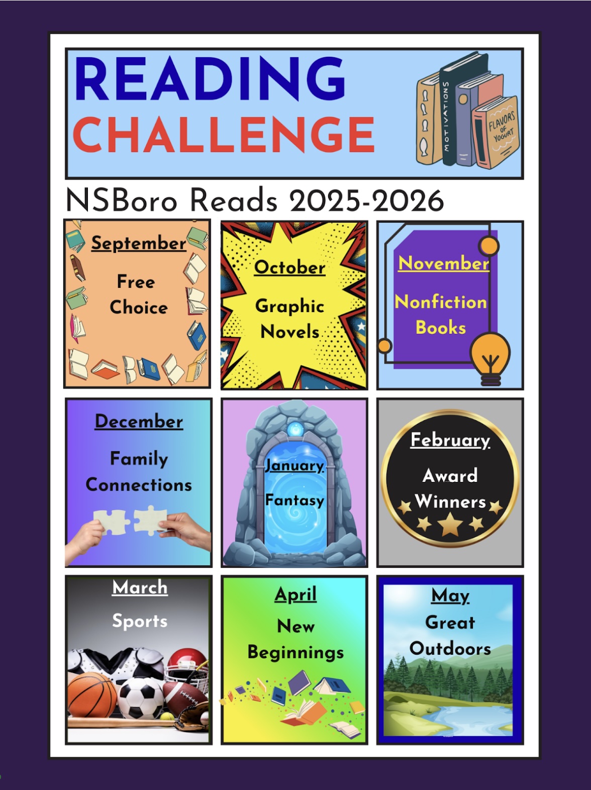 A colorful reading challenge calendar for NSBoro Reads 2025-2026.
