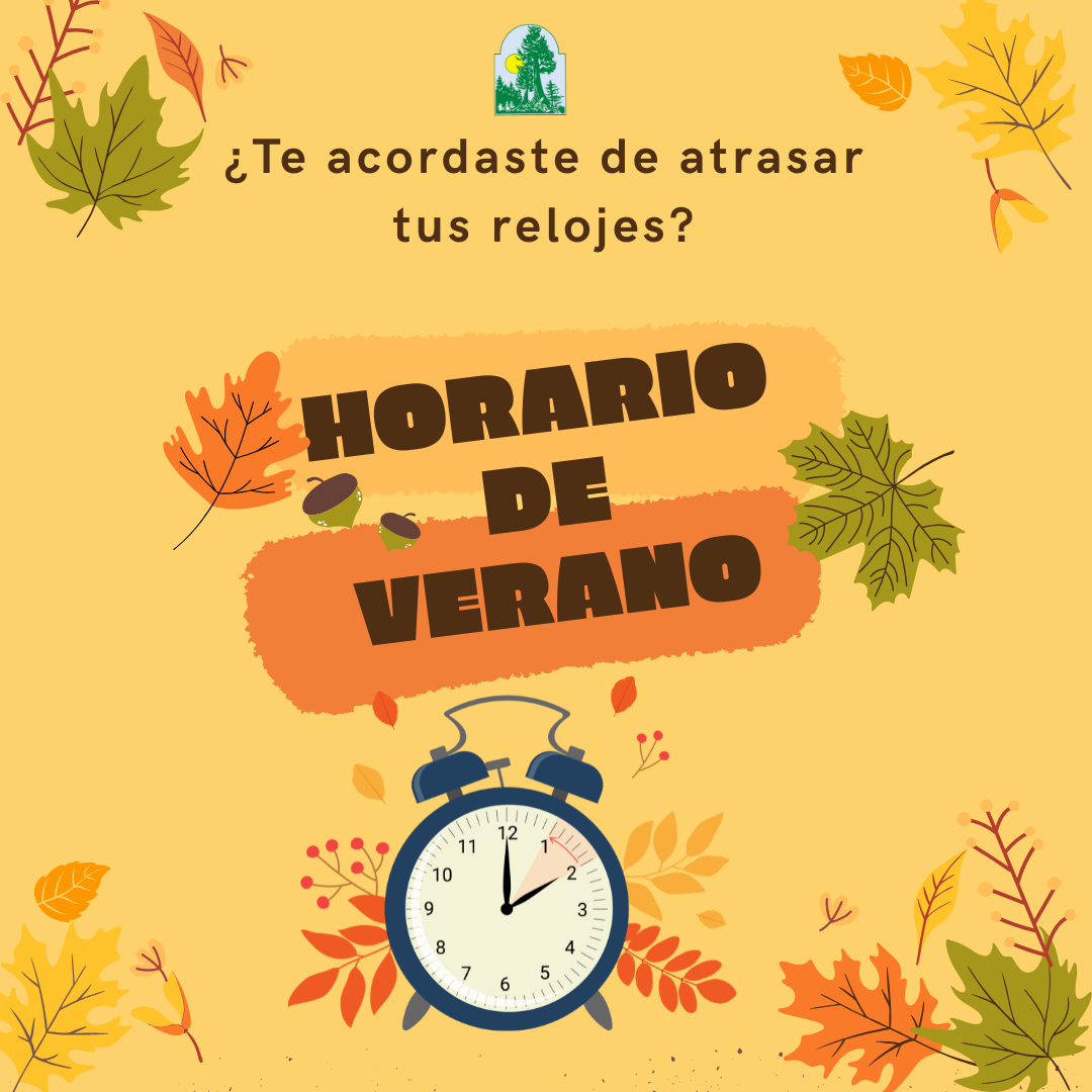 An image promoting Daylight Saving Time with a clock and autumn leaves.