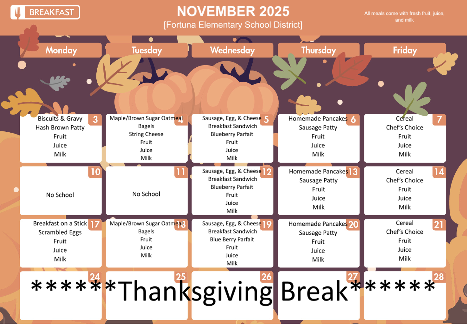 A November 2025 breakfast menu for Fortuna Elementary School District.