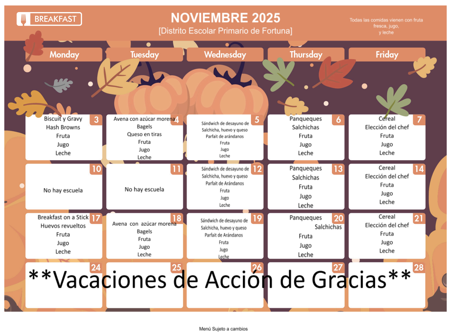 A school breakfast menu for November 2025, with daily meal options.