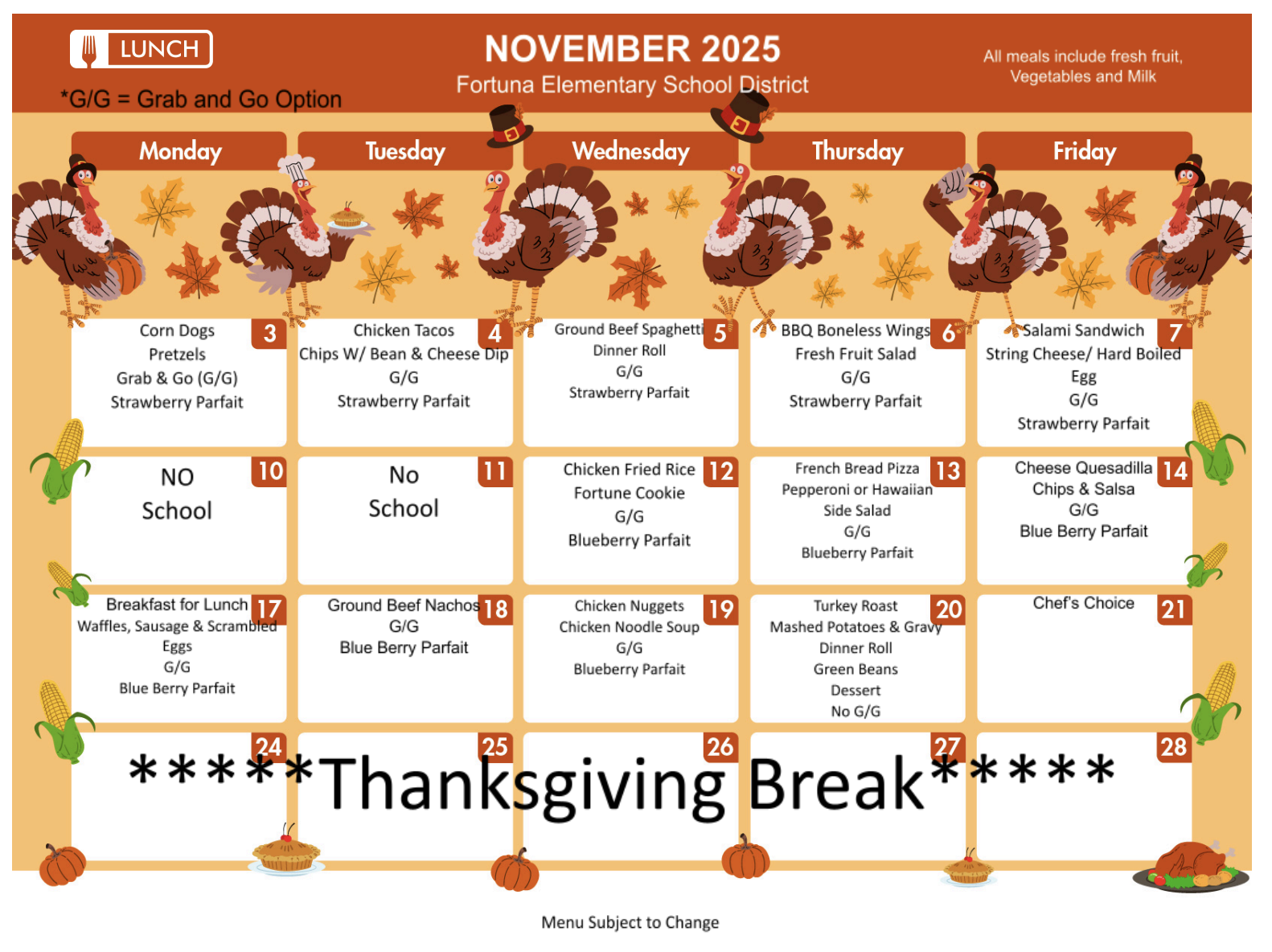A school lunch menu for November 2025, featuring daily meal options.