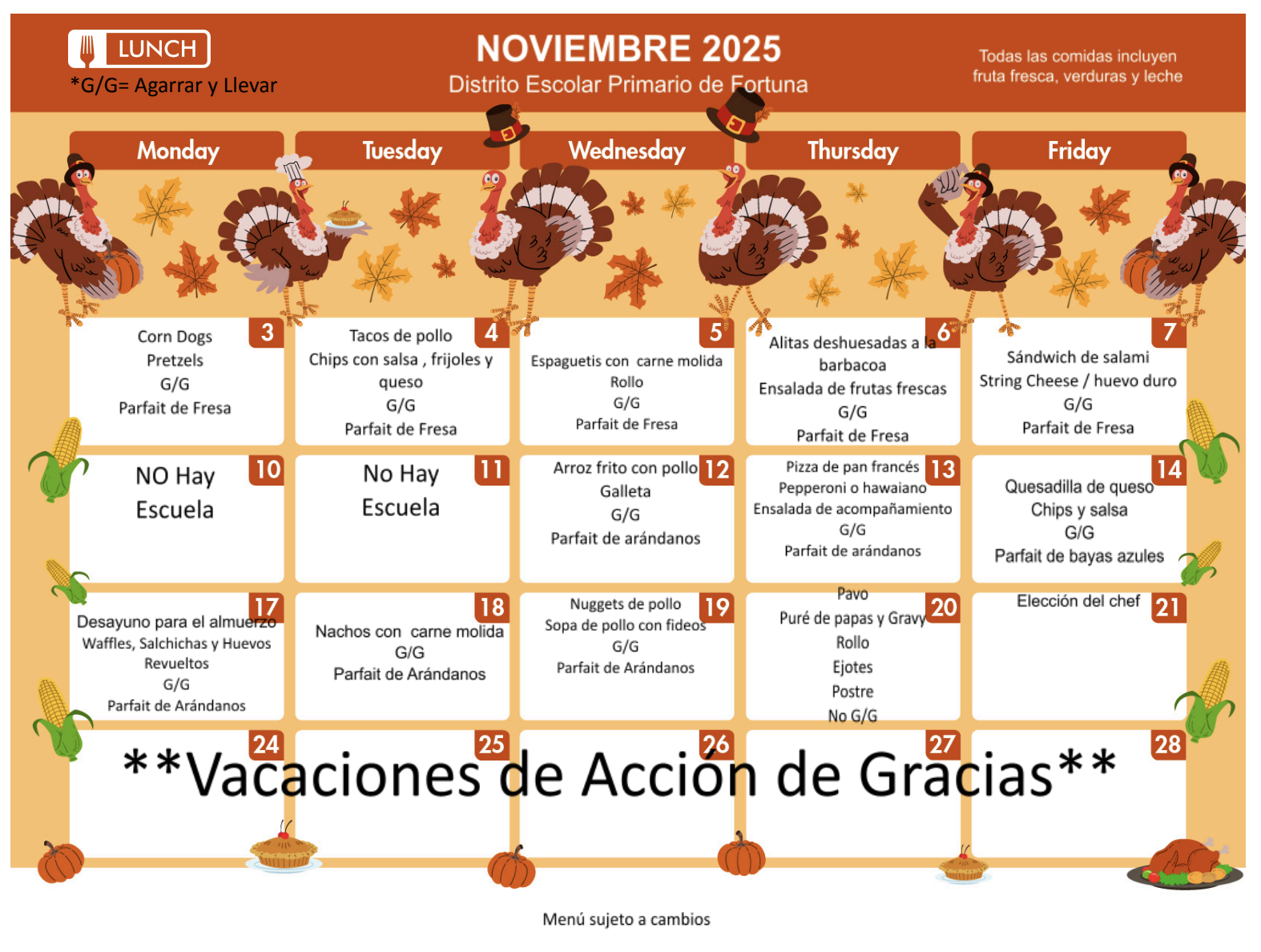 A school lunch menu for November 2025, featuring daily meal options.