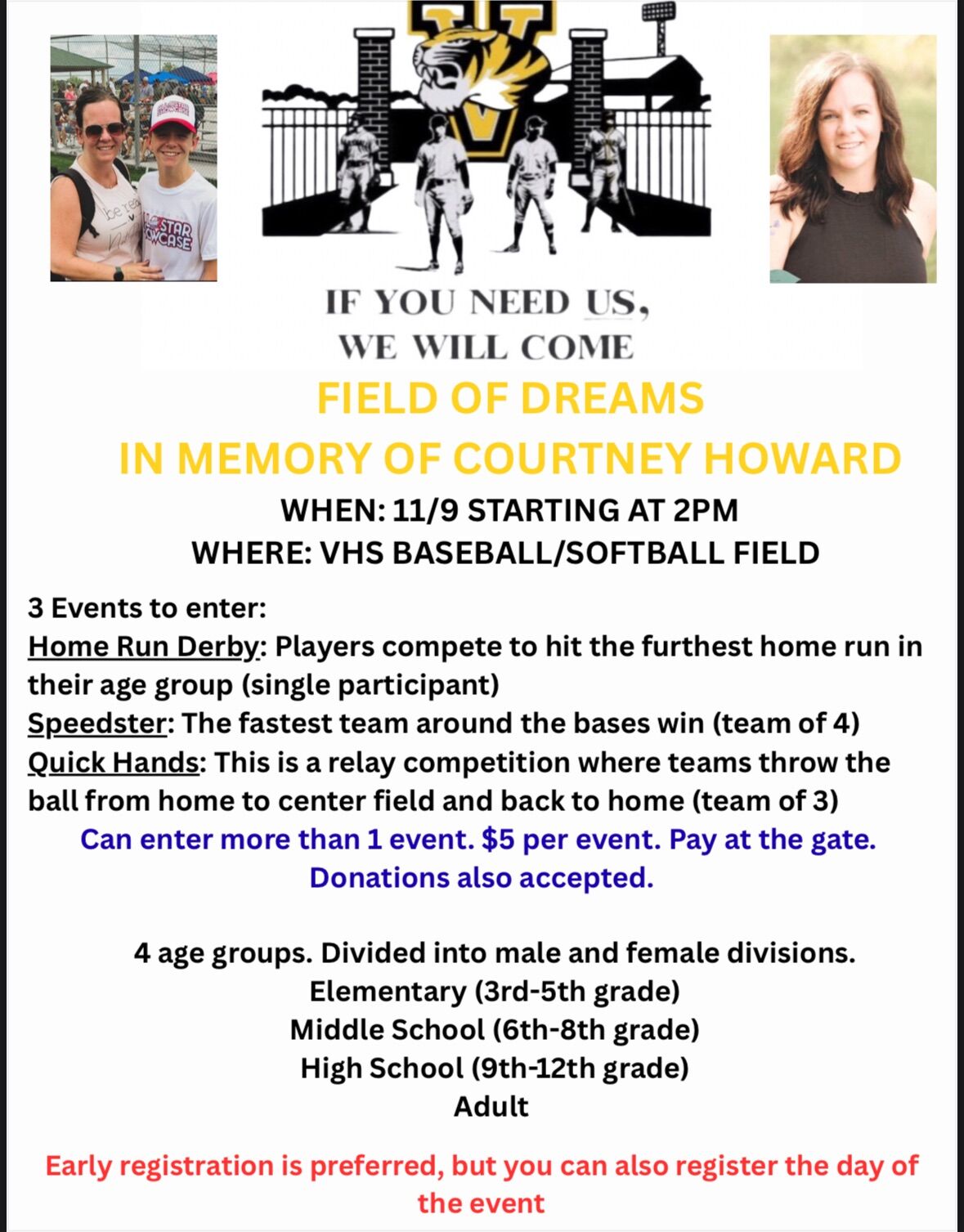 Event flyer for a baseball/softball field event, with event details and photos.