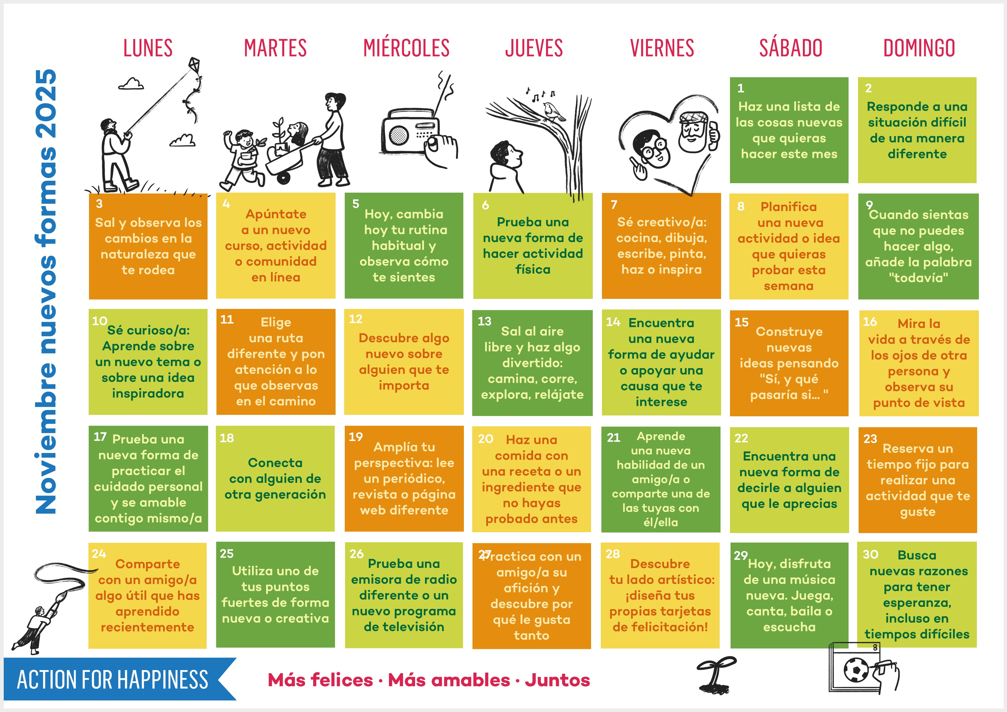 A colorful calendar for November 2025 with daily suggestions for well-being.