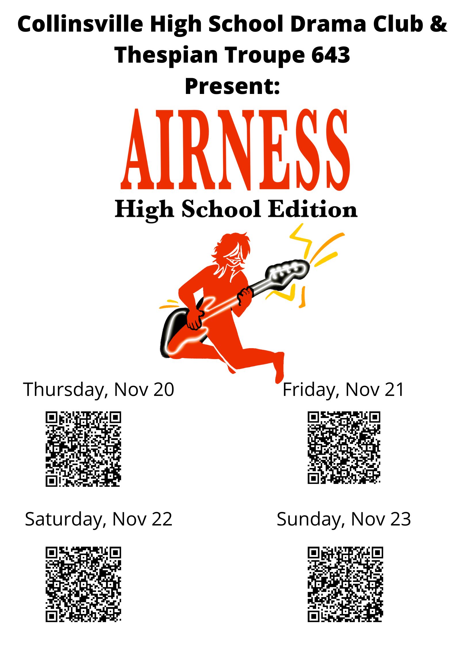 Poster for 'Airness,' a high school play, featuring a red silhouette playing a guitar.