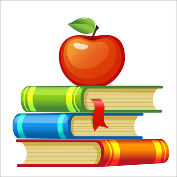 A stack of colorful books topped with a bright red apple.