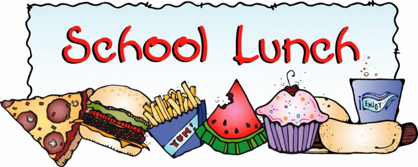 A colorful illustration of various school lunch foods, including pizza and a cupcake.