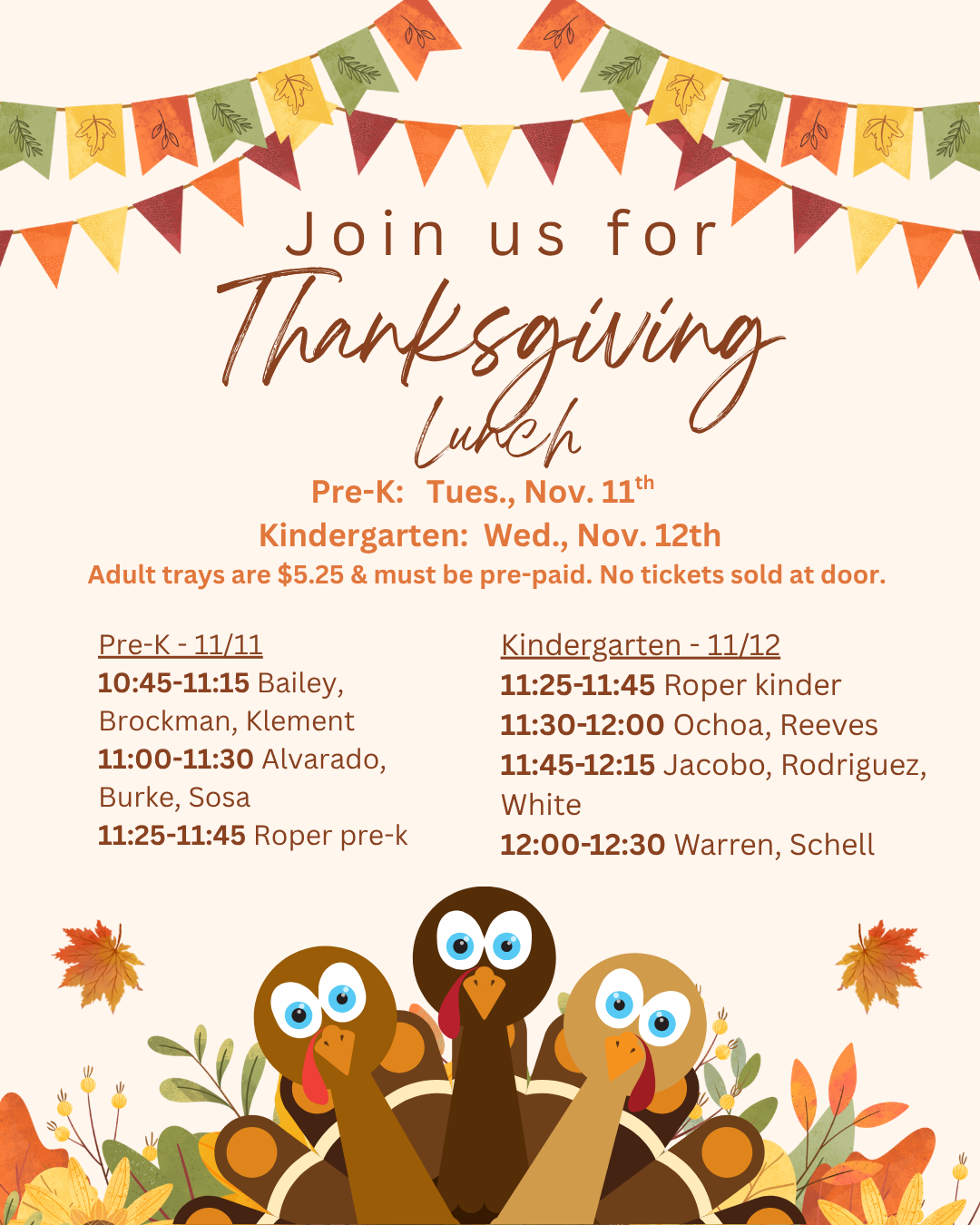 Thanksgiving lunch invitation with turkey illustrations and fall colors.