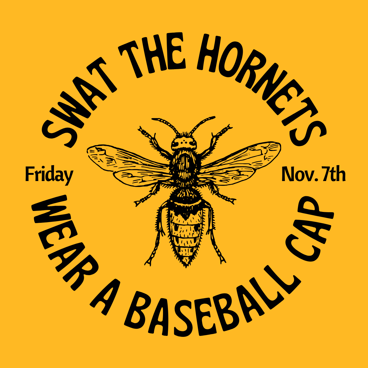 A yellow graphic with a stylized bee and text promoting a 'Swat the Hornets' event.