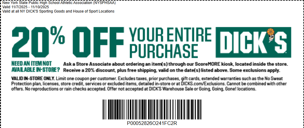 A coupon for 20% off your entire purchase at DICK'S Sporting Goods, valid 11/7/2025 - 11/10/2025.