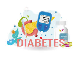 Illustration depicting diabetes management with a glucose meter, pills, and medical elements.