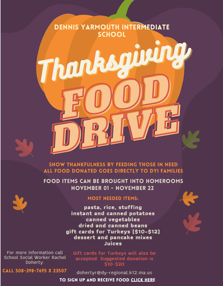 Thanksgiving Food Drive poster with a pumpkin graphic and donation details.