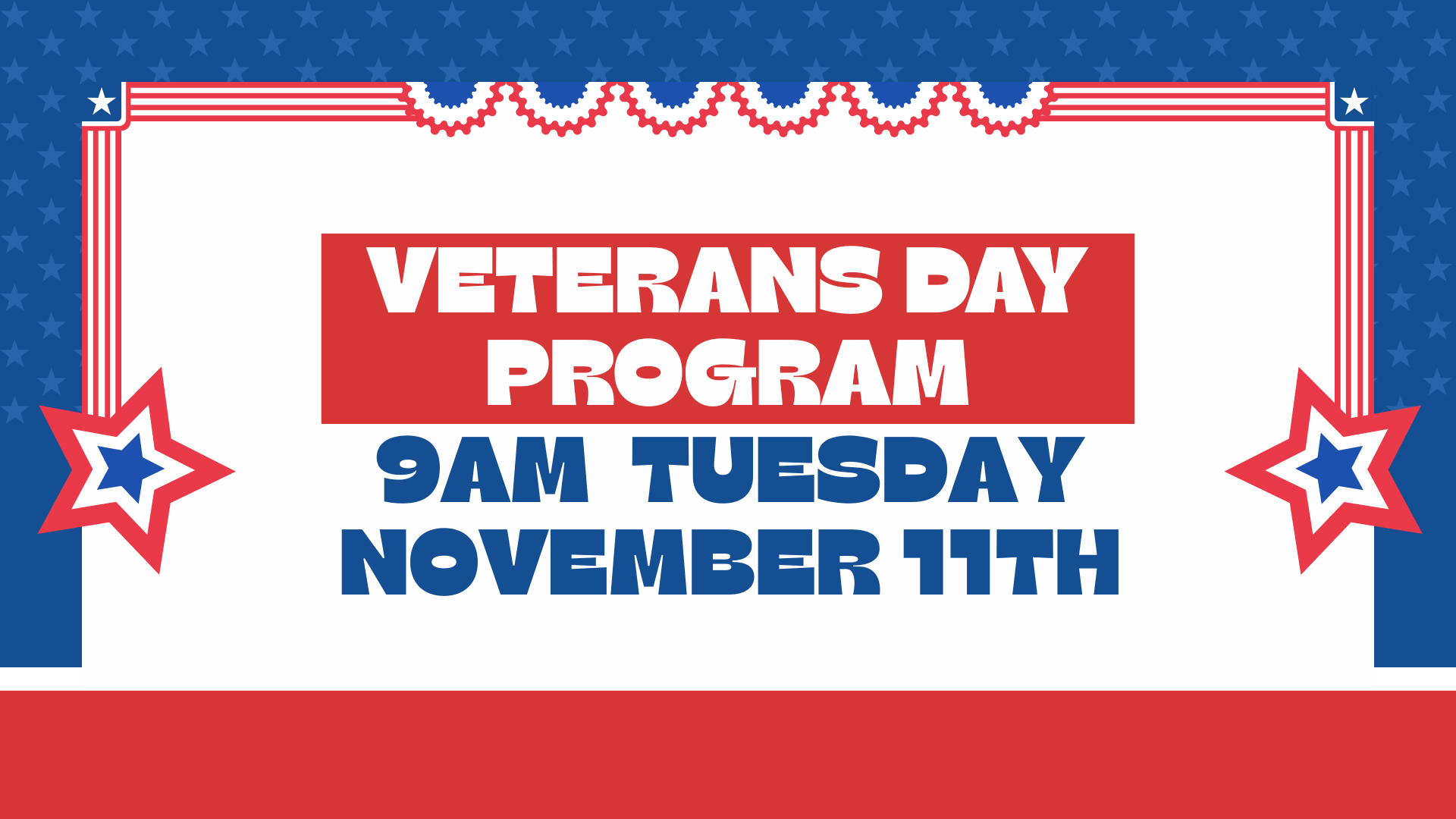 A patriotic graphic announces a Veterans Day Program.