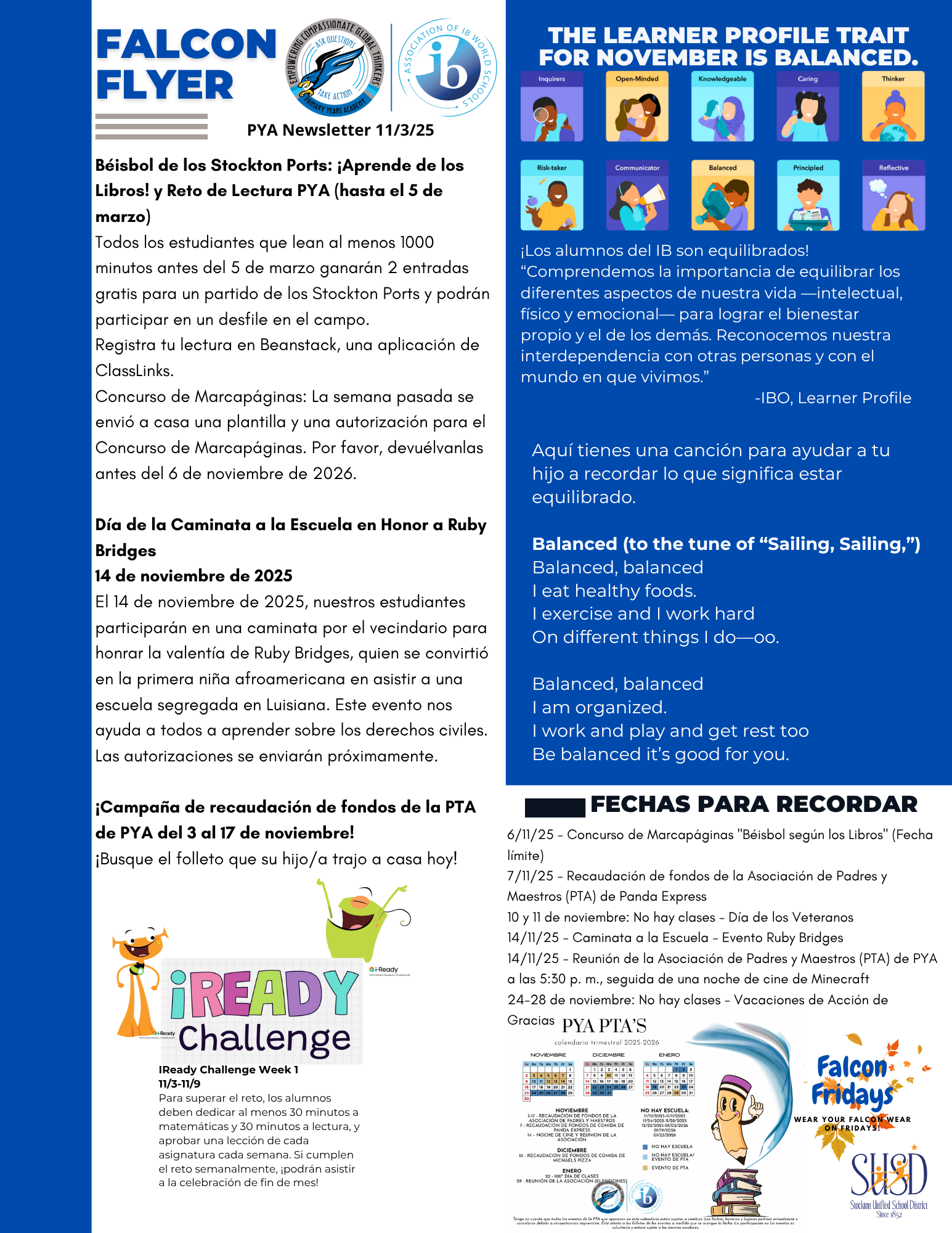 A school newsletter titled 'Falcon Flyer' with information about events and activities.