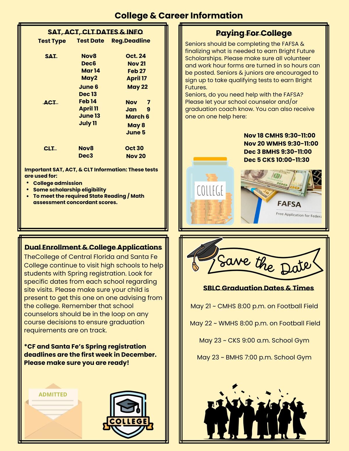 Informational graphic with college and career information, including test dates and deadlines.