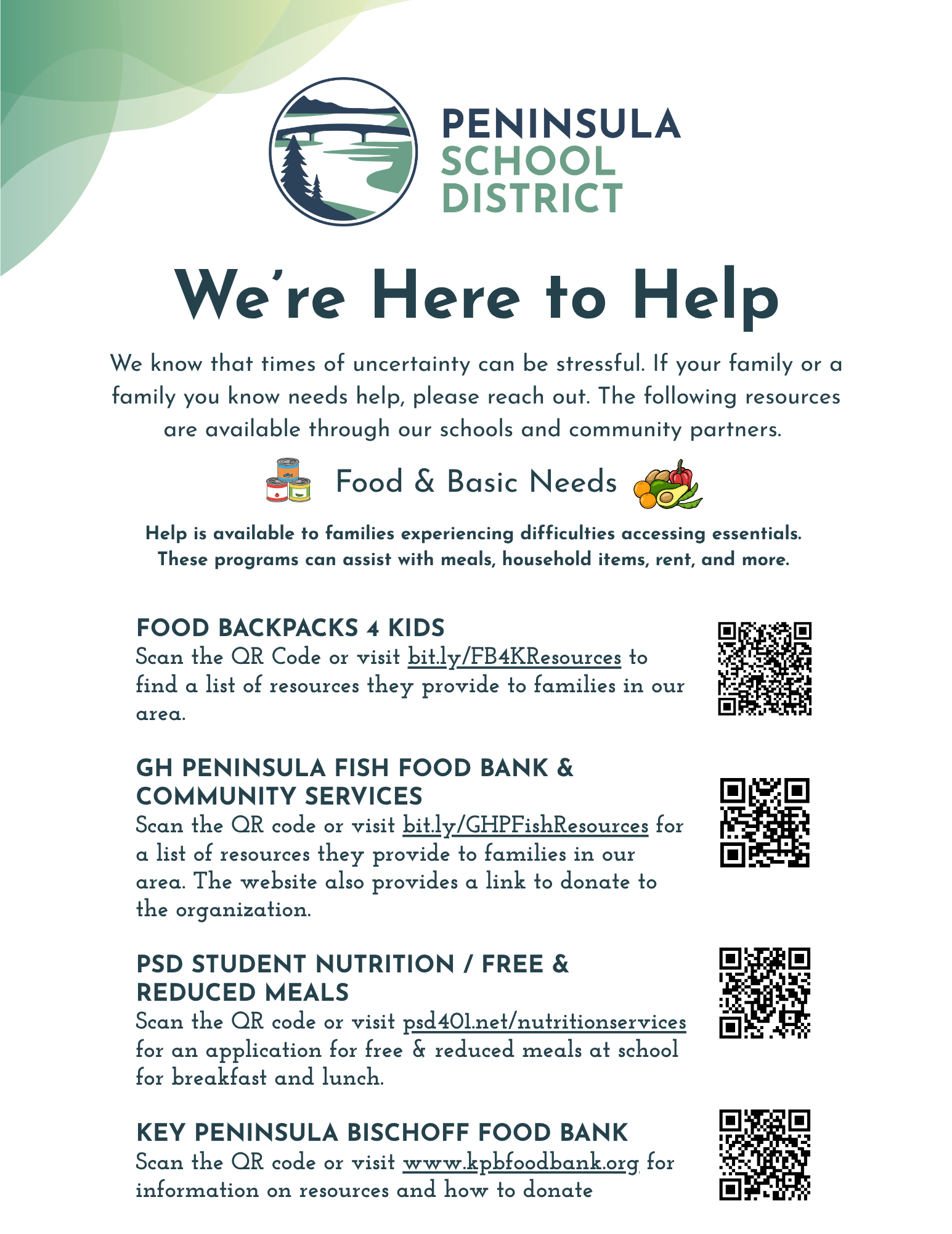 Peninsula School District provides resources for families in need, including food assistance.