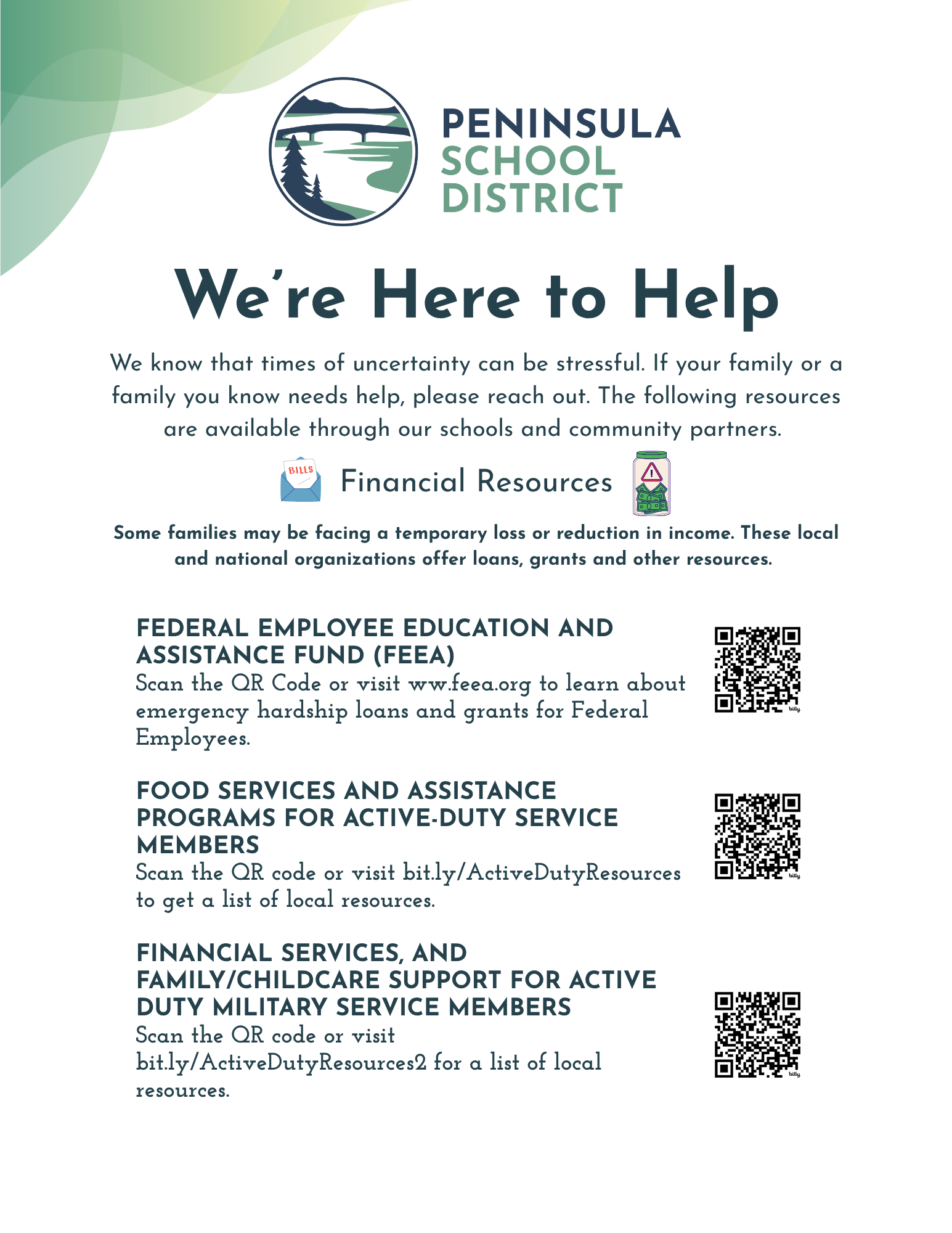 Peninsula School District offers help with financial resources, including loans and grants.