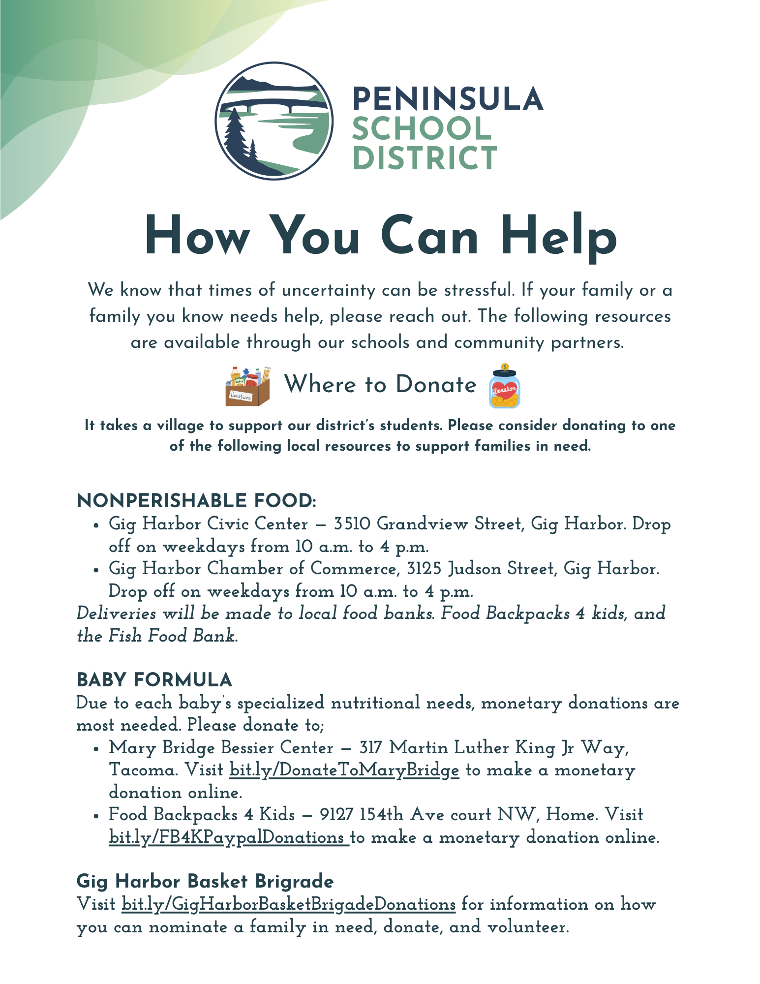 A flyer from Peninsula School District with information on how to help families in need.