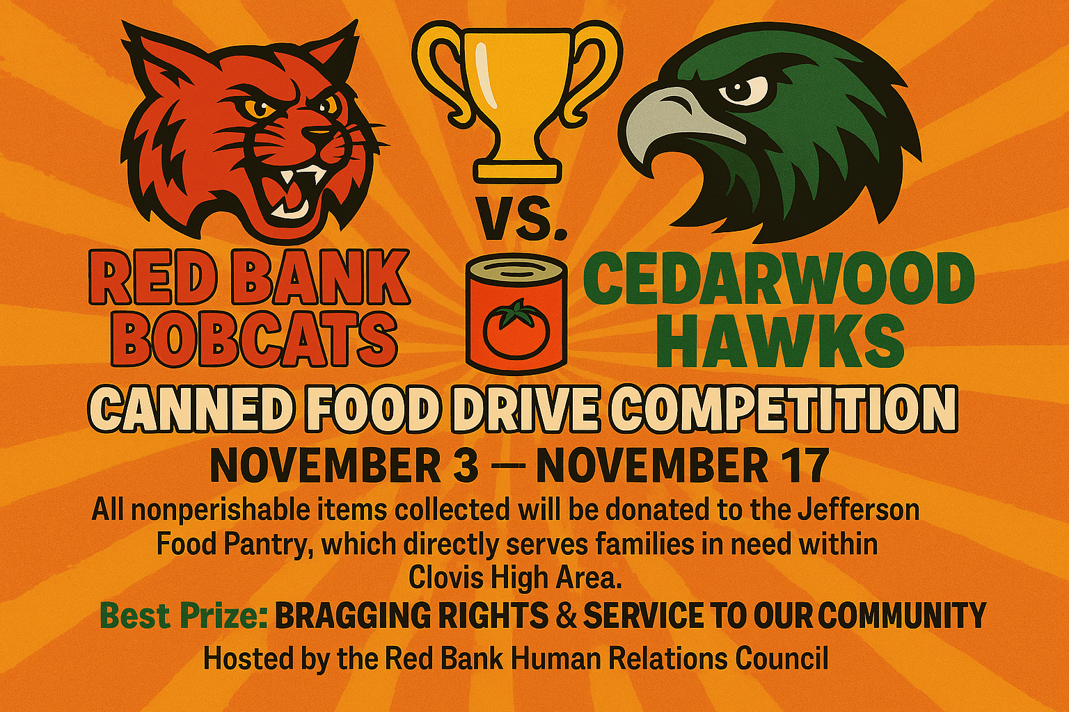 A poster announces a canned food drive competition between Red Bank Bobcats and Cedarwood Hawks.