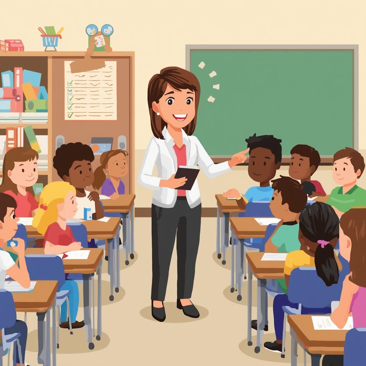 A teacher stands in front of a classroom, addressing students.