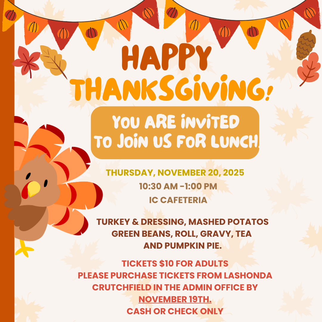 Thanksgiving lunch invitation with turkey graphic and fall decorations.