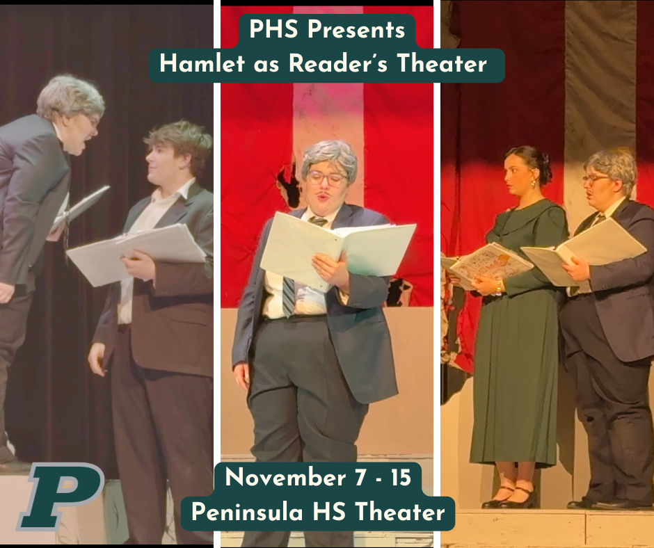 Students perform a play, holding scripts on stage.