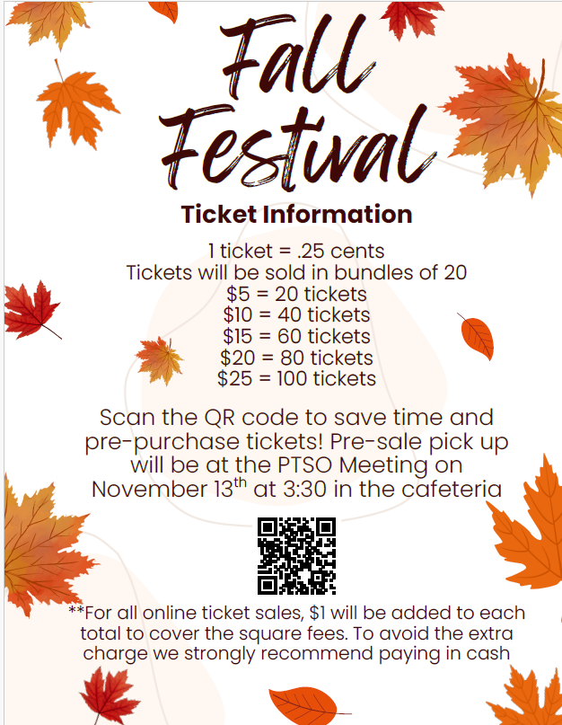 Fall Festival ticket information flyer with autumn leaf decorations.