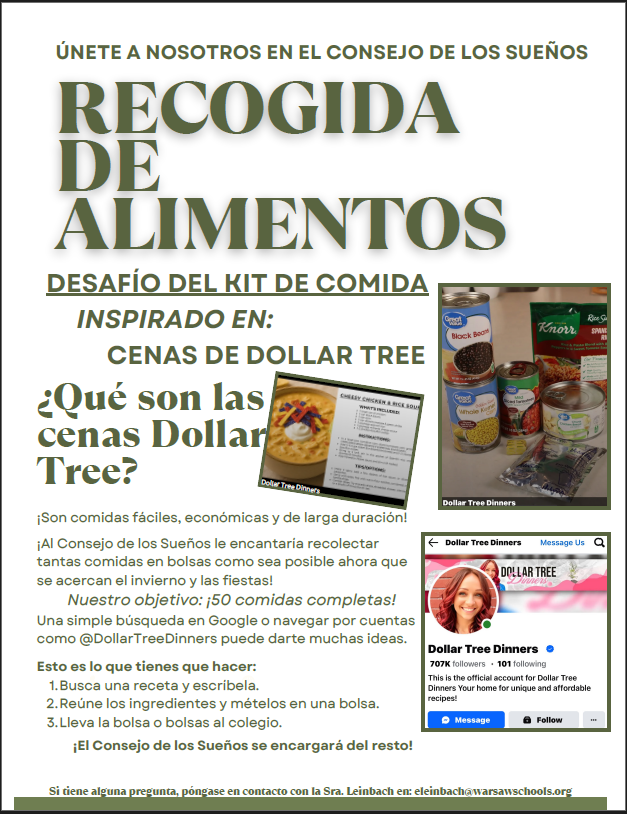 Poster promoting a food drive, featuring text and images of food items.