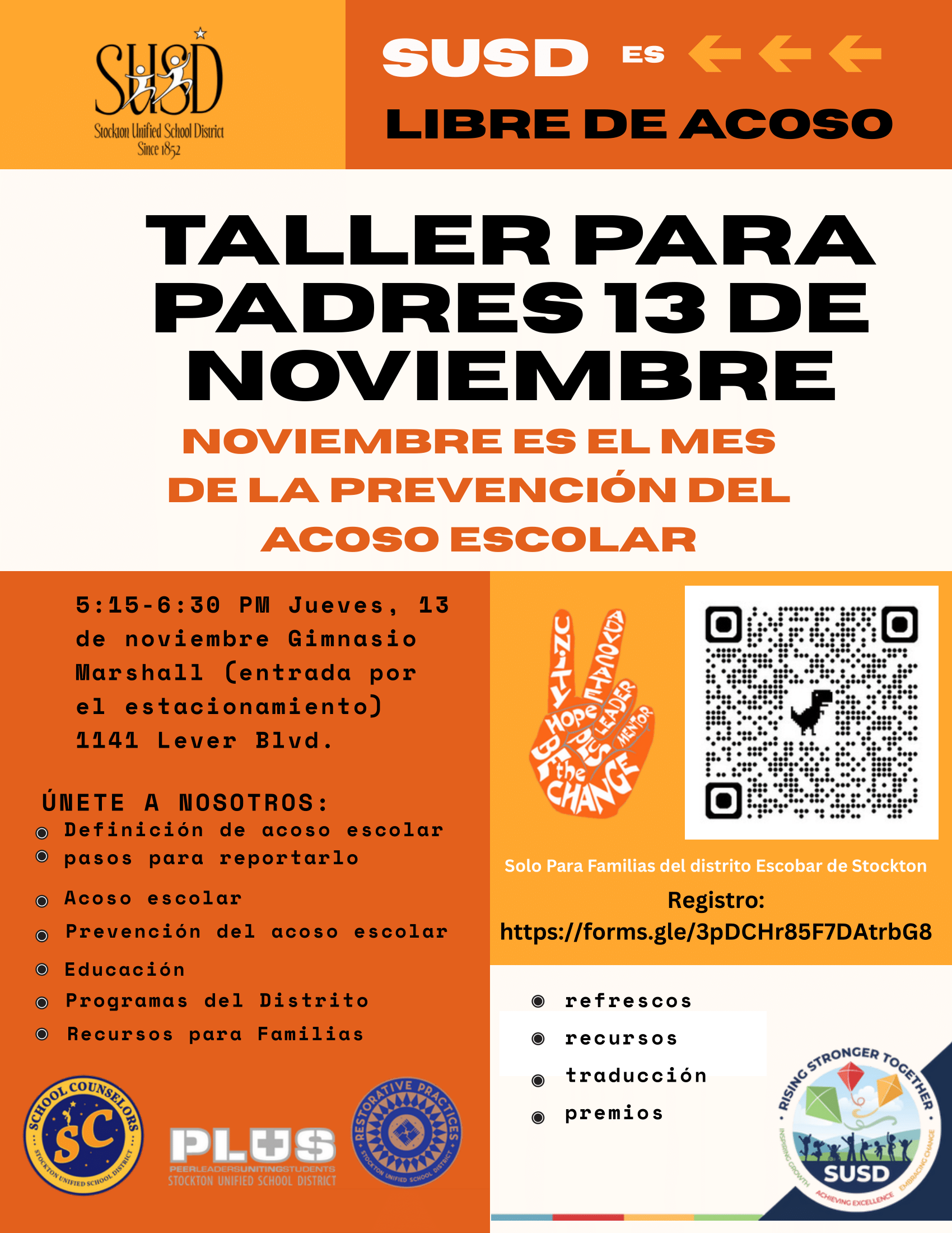 Flyer for a workshop on bullying prevention for parents, hosted by Stockton Unified School District.