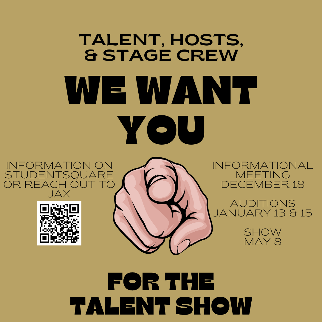 Poster with a pointing hand, inviting participation in a talent show.