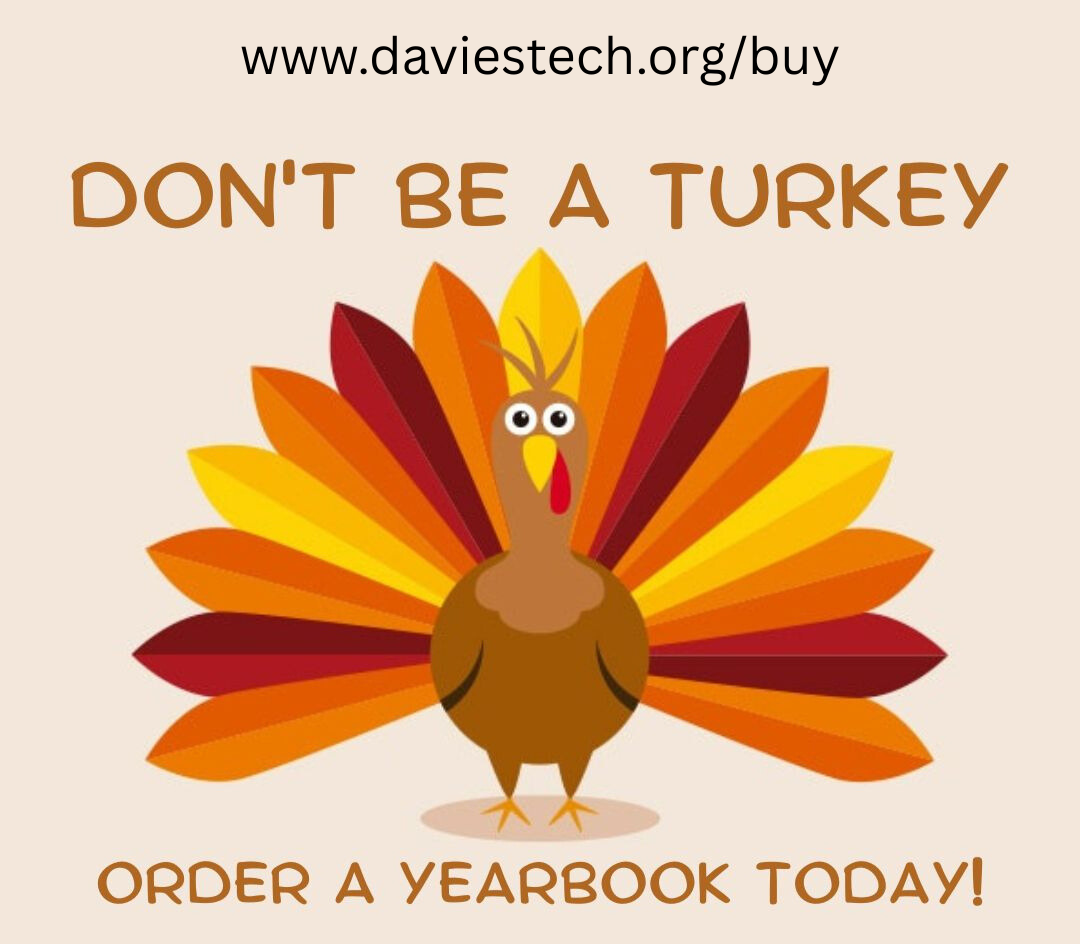A cartoon turkey with colorful feathers promotes yearbook orders.