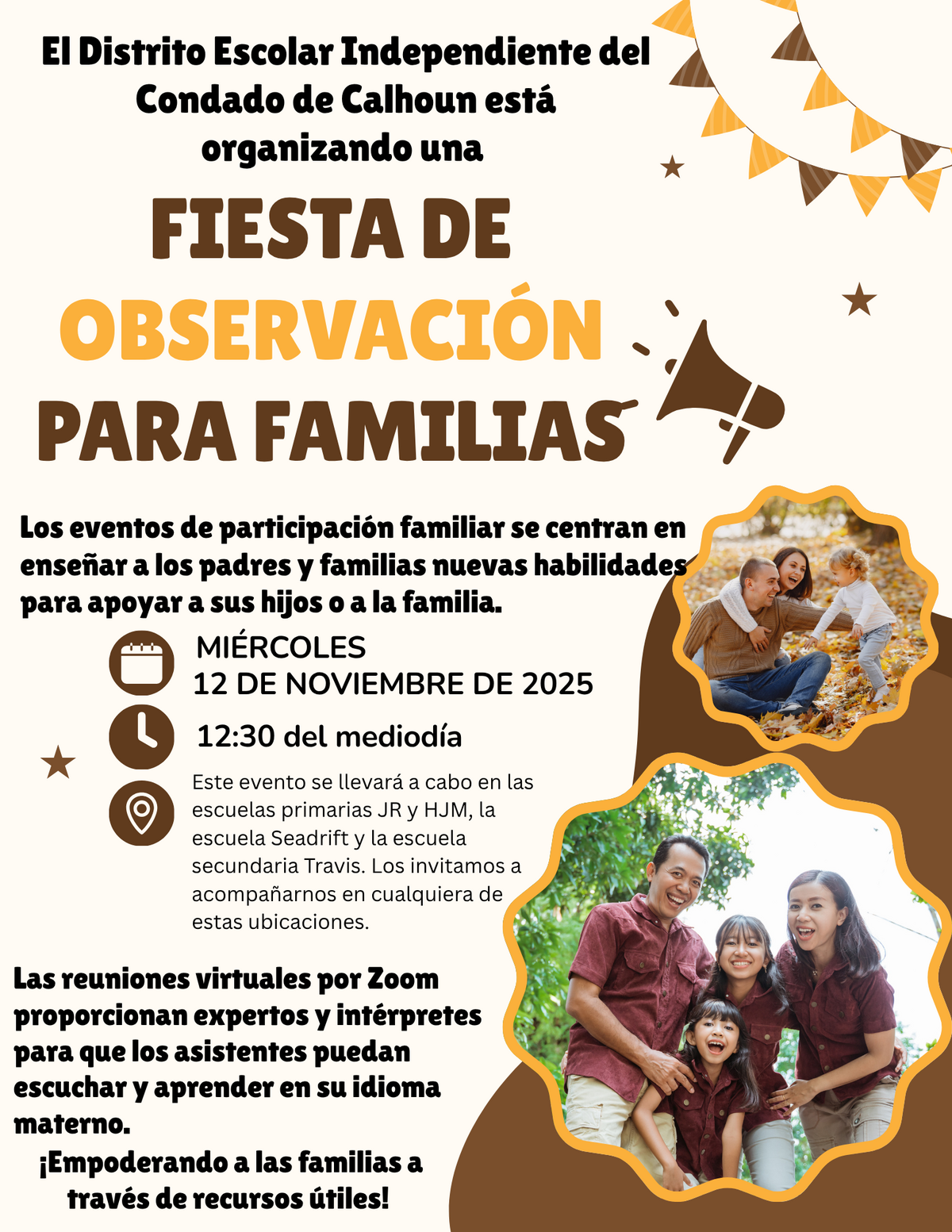 Flyer promoting a family observation event with photos of happy families.