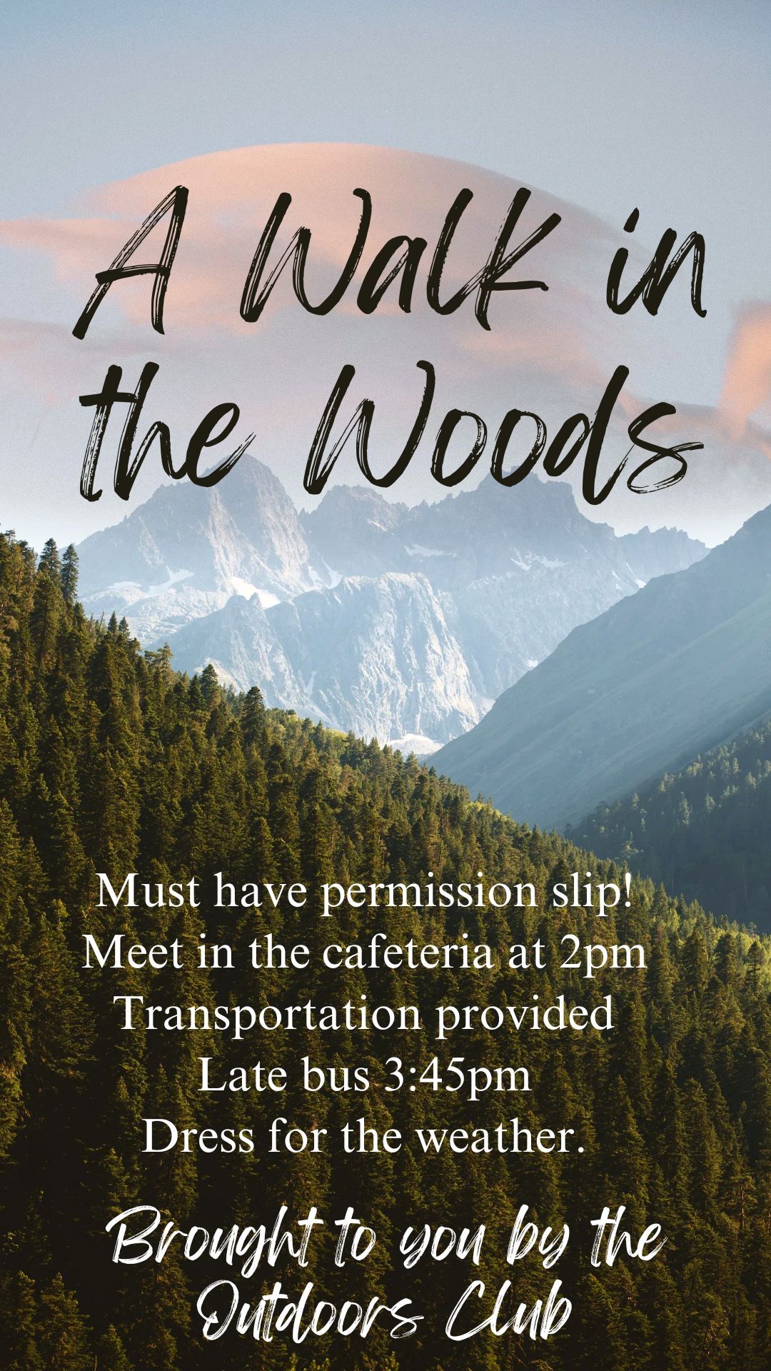 Poster promoting a 'Walk in the Woods' with a scenic mountain backdrop.