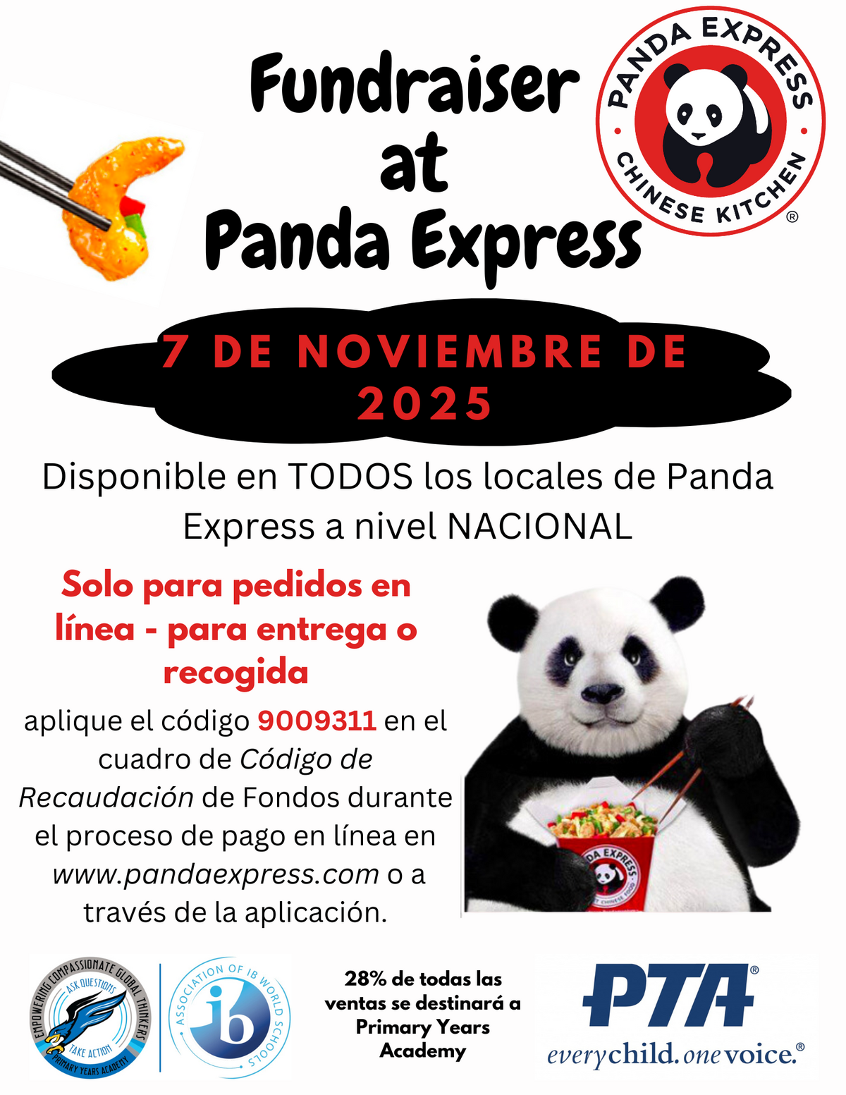 Panda Express fundraiser advertisement with a panda holding food.