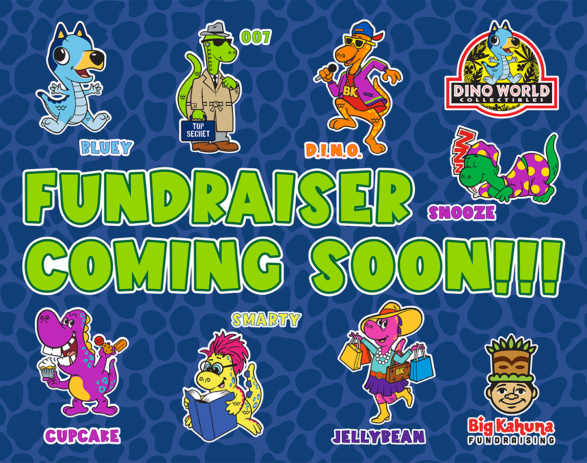 A colorful poster announces a fundraiser with cartoon dinosaur characters.